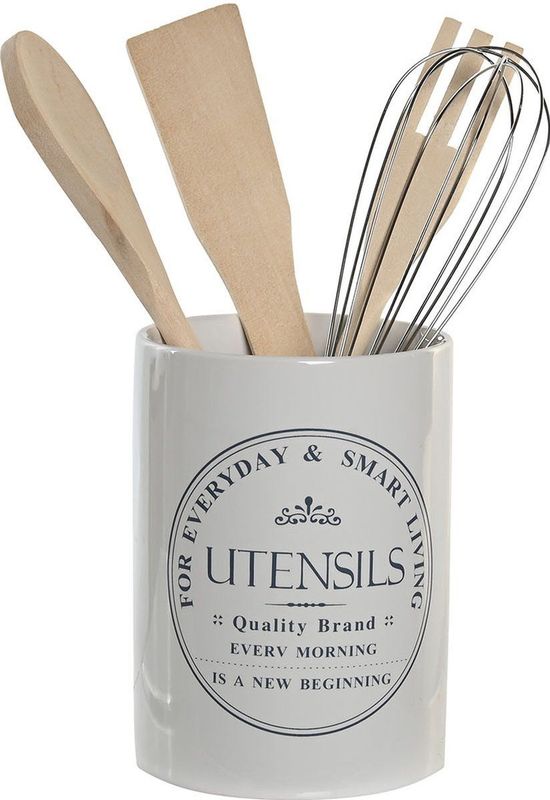 Items keukengerei set - in pot - 5-delig - wit - D10 x H14 cm - steengoed - hout
