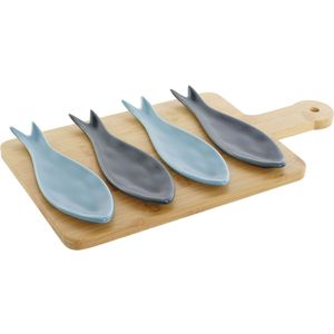 Home ESPRIT Snackset, blauw, groen, marineblauw, bamboe, mediterraan porselein, vissen, 36 x 18 x 1,3 cm, 5-delig