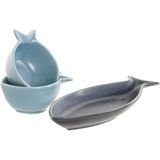 Set voor voorgerechtjes Home ESPRIT Blauw Hemelsblauw Porselein Acacia Mediterrane Vissen 19,5 x 16,5 x 1,3 cm 4 Onderdelen