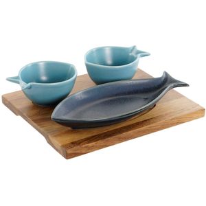Home ESPRIT Snackset, hemelsblauw, porselein, acacia, mediterraan, vis, 19,5 x 16,5 x 1,3 cm, 4 stuks