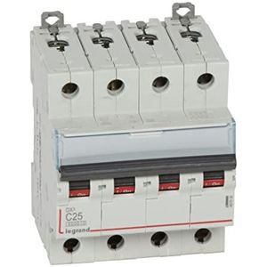 Legrand 407930E, automatische magneetschakelaar, 4P, 25A, C-gebogen, 10kA, 4 modules, DX3
