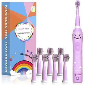 Oplaadbare sonische elektrische tandenborstel voor kinderen, kinderen, jongens, meisjes van 3-12 jaar met 30s-herinnering, timer van 2 minuten, 5 standen, 8 opzetborstels, houder voor wandmontage (8650 Roze+ 8 koppen)