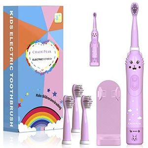 Sonische elektrische tandenborstel voor kinderen, Sonische tandenborstel voor jongens Meisjes van 3-12 jaar met herinnering van 30 seconden, timer van 2 minuten, 6 standen, 4 opzetborstels met standaard (8650 roze + 4 hoofden + standaard)