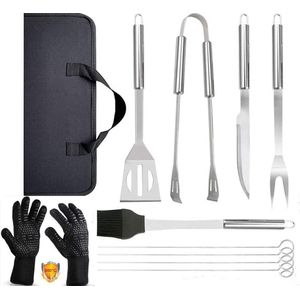 Roestvrijstalen BBQ Gereedschapset 9delig+Barbecue Handschoenen,Hittebestendig tot 800°C,Grill Kit Set met Draagtas voor Mannen Vrouwen Camping Grilling Voor keuken, Barbecue, Open haard en Houtskool