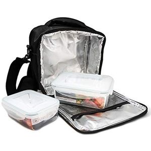NERTHUS Lunch Bag kunststof lunchtas, voor levensmiddelen, zwart + 2 doekjes, robuuste stof, met 2 waterdichte stippen