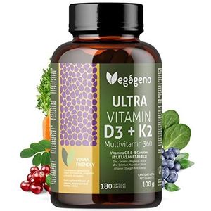 ULTRA VITAMINE D3 en K2 180 Veg-capsules. Multivitamine Vitamine C, E en B-complex (B1, B2, B3, B6, B9, B12), Biotine, Foliumzuur, Niacine, Thiamine. Mirenals: Zink, Selenium, Silicium en Magnesium.