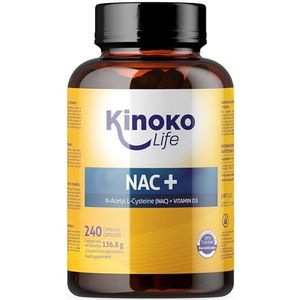 Kinoko Life NAC+ 240 capsules met vitamine D, 300 mg N-acetyl-L-cysteÃ¯ne voor de gezondheid van het immuunsysteem, glutatieversterker, natuurlijke antioxidant, niet-GMO, lactosevrij, glutenvrij