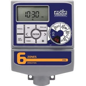 Aqua Control - Automatische tuinirrigatieprogramma-programmeer met transformator en LCD-display, geschikt voor maximaal 6 irrigatiezones