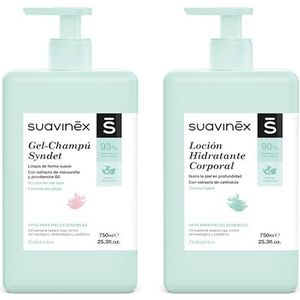 Suavinex, Aseo Bébé Syndet Shampoo 750 ml + hydraterende lotion 750 ml met 88-90% natuurlijke ingrediënten, geschikt voor de gevoelige huid. 2 producten