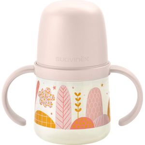 Suavinex, Fles met handvat, leerbeker voor baby's met zachte tuit van siliconen, met anti-kolieksysteem, kinderfles met handgrepen, lekvrij, vaatwasmachinebestendig, 6 maanden, 150 ml, roze