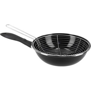 Rvs/emaille frituurpan/friteuse voor alle hittebronnen - zwart 26 cm - Frituren op gasstel of kookplaat