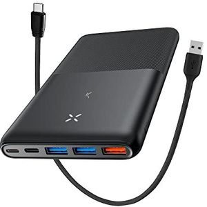 Ksix Power Bank Powerbank, ultradun, 20.000 mAh, vermogen 22,5 W, USB-C naar USB-C kabel, 4 multi-device uitgangen, zwart