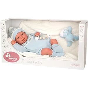 ARIAS ARI98153 Reborn Ibai pop 45 cm met realistische babydeken en pluche dier met blauw touw, fopspeen en fopspeen, vinyl ledematen en zacht lichaam, speelgoed voor jongens en meisjes vanaf 3