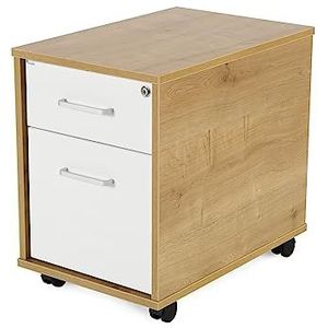 Rocada Bureaucommode met wieltjes, 40 x 59,5 x 58 cm, commode van hout met slot, bureaucommode met 2 laden, eiken/wit