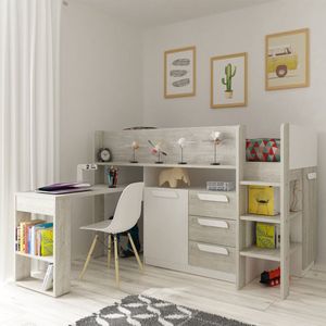 Combinatiebed - 90 x 200 cm - Met bureau en opbergruimte - Wit en houtlook - LOUKALA