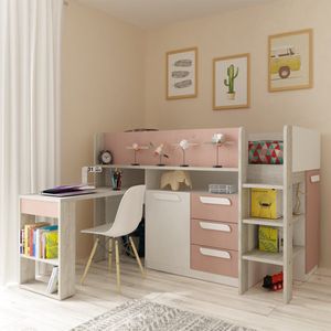 Combinatiebed - 90 x 200 cm - Met bureau en opbergruimte - Roze, houtlook en wit - LOUKALA