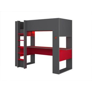Hoogslaper gamer NOAH met bureau en opbergruimtes - 90 x 200 cm - met LED's - Antraciet en rood