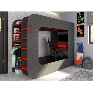 Hoogslaper 90 x 200 cm - Met game bureau en opbergruimte - LEDs - Antraciet & rood - WARRIOR L 238.1 cm x H 183.6 cm x D 97.6 cm