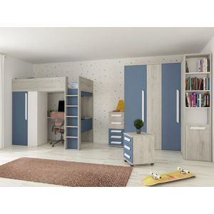 Mezzanine bed 90 x 200 cm met kleerkast en bureau - Blauw en wit - NICOLAS L 205.2 cm x H 183.1 cm x D 110 cm