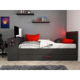 Uitschuifbed 2 x 90 x 200 cm - Met bureau - Ledverlichting - Antraciet en rood - VOUANI