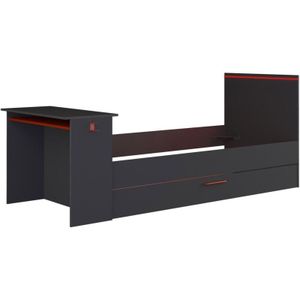 Uitschuifbed 2 x 90 x 200 cm - Met bureau - Ledverlichting - Antraciet en rood - VOUANI