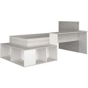 Combinatiebed 90 x 200 cm met opbergruimte en bureau - Kleur: grijzige houtlook en wit - RIGALI