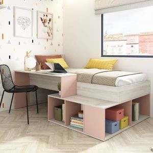 Quinn Bed met Bureau en Opbergruimte - Grenen/Oudroze