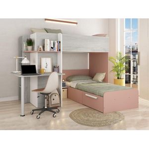Vente-unique Hoekstapelbed 2 x 90 x 190 cm - Met bureau - Grijs, wit en roze - SAMUEL L 241 cm x H 160.1 cm x D 194 cm