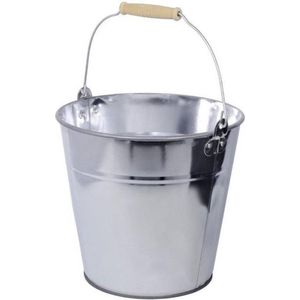 Zinken emmer/plantenpot - zilver - 8 liter - met houten handvat - IJzeren emmer / teil