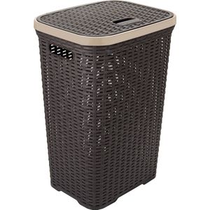 Hega Hogar - Wasmand met Deksel - Donkerbruin - Gevlochten Kunststof - 60 Liter - 34 x 43 x 62 cm