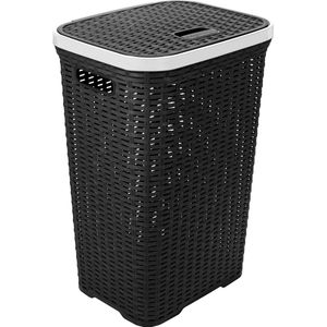 Wasmand met deksel Rotan - antraciet - gevlochten kunststof - 60 liter - 34 x 43 x 62 cm - Wasmanden