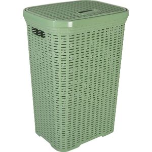 Hega Hogar Wasmand met deksel Rotan - groen - gevlochten kunststof - 60 liter - 34 x 43 x 62 cm
