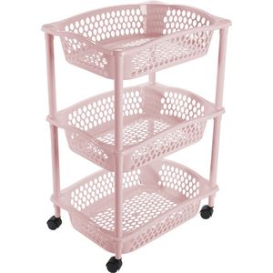 Keuken/kamer opberg trolleys/roltafels met 3 manden 62 x 41 cm lichtroze - Etagewagentje met opbergkratten