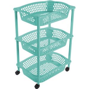 Keuken/kamer opberg trolleys/roltafels met 3 manden 62 x 41 cm turquoise blauw - Etagewagentje met opbergkratten