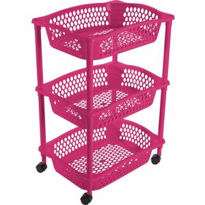 Keuken/kamer opberg trolleys/roltafels met 3 manden 62 x 41 cm fuchsia roze - Etagewagentje met opbergkratten