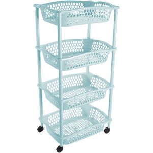 Keuken opberg trolleys/roltafels met 4 manden 86 x 41 cm lichtblauw - Etagewagentje met opbergkratten