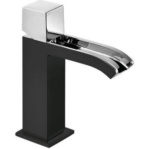 Wastafelmengkraan Tres Cuadro Exclusive Draaiknop Uitloop Gebogen 17 cm met Open Waterval Vierkant Chroom Zwart