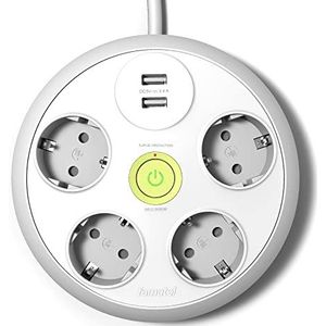 FAMATEL Ronde stekkerdoos 4-voudig + 2 USB-stopcontacten + schakelaar | 3 m kabel | met TT | 16A | 250V | wit | USB snel opladen | overspanningsbeveiliging