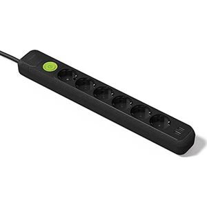 FAMATEL Stekkerdoos met 6 stopcontacten + 2 USB-stopcontacten + schakelaar | 1,5 m lange kabel | met TT | 16 A | 250 V | zwart | USB-stekker met snellaadfunctie | overspanningsbeveiliging