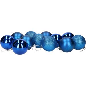 Gerim Kerstballen - 12 stuks - blauw - kunststof - mat/glans/glitter - D6 cm