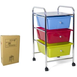 Trolley/kastje met 3 gekleurde lades en plank 36 x 60 cm van kunststof - Badkamerkastje - Keukentrolley