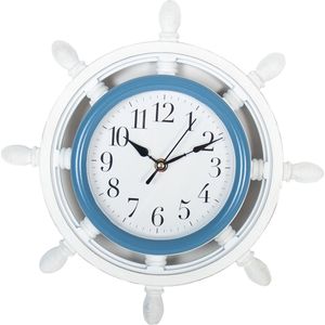 Wandklok 33 cm stuurwiel/roer wit met blauw - Klokken - Wandklokken/muurklokken met nautisch/zee thema