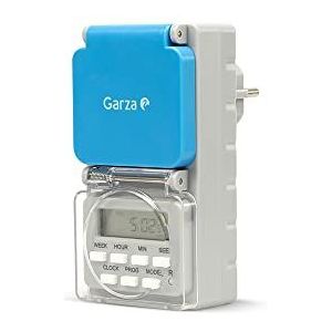 Garza - Digitale timer voor buiten, IP44-bescherming, weekprogrammering (8 programma's), willekeurige modus, stopcontact met bescherming, grijs en blauw