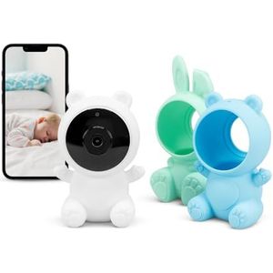 Garza 1080p HD bewakingscamera met temperatuursensor, nachtzicht, wijnherkenning, wiegliedjes, witte ruis en wifi 2,4 GHz (3 hoesjes + houder)
