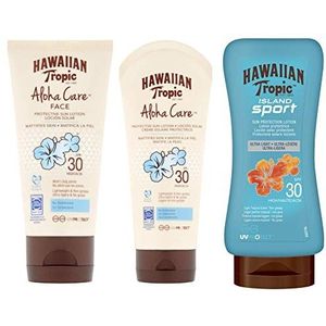 HAWAIIAN Tropic Aloha Sport Care, zonneverzorging Spf 30 zonder oxybenzone + gezicht Spf 30 zonder verstopping van de poriën + Sport Spf 0 Zonnelotion Anti-transpiratie, crème, 3 stuks