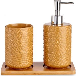 Badkamer accessoires set 3-delig camel bruin relief van keramiek - Zeeppompje - Beker - Tray