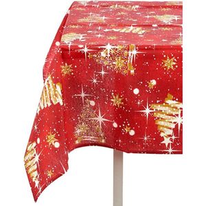 Kersttafel dekken - Kerst print tafelkleed katoen/polyester formaat 140 x 180 cm - Kerstornamenten print rood/goud