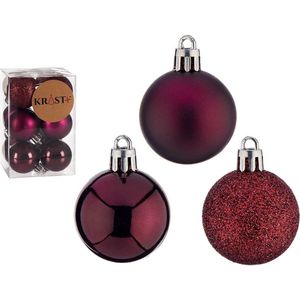 Krist+ kleine kerstballen - 12x stuks - wijn/bordeaux rood - kunststof - 4 cm