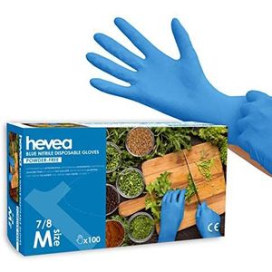 Hevea - Nitril wegwerphandschoenen. Poeder- en latexvrij. 1 doos met 100 handschoenen. Maat: M (medium) Kleur: blauw