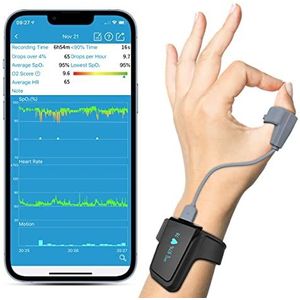 Pulse Oximeter, Pulseoximeter Slaap Zuurstofmeter met Alarm voor Snurken en Slaap Apneu met Gratis APP, Bluetooth Pols Oximeter Volgen van Zuurstof Saturatie Niveau